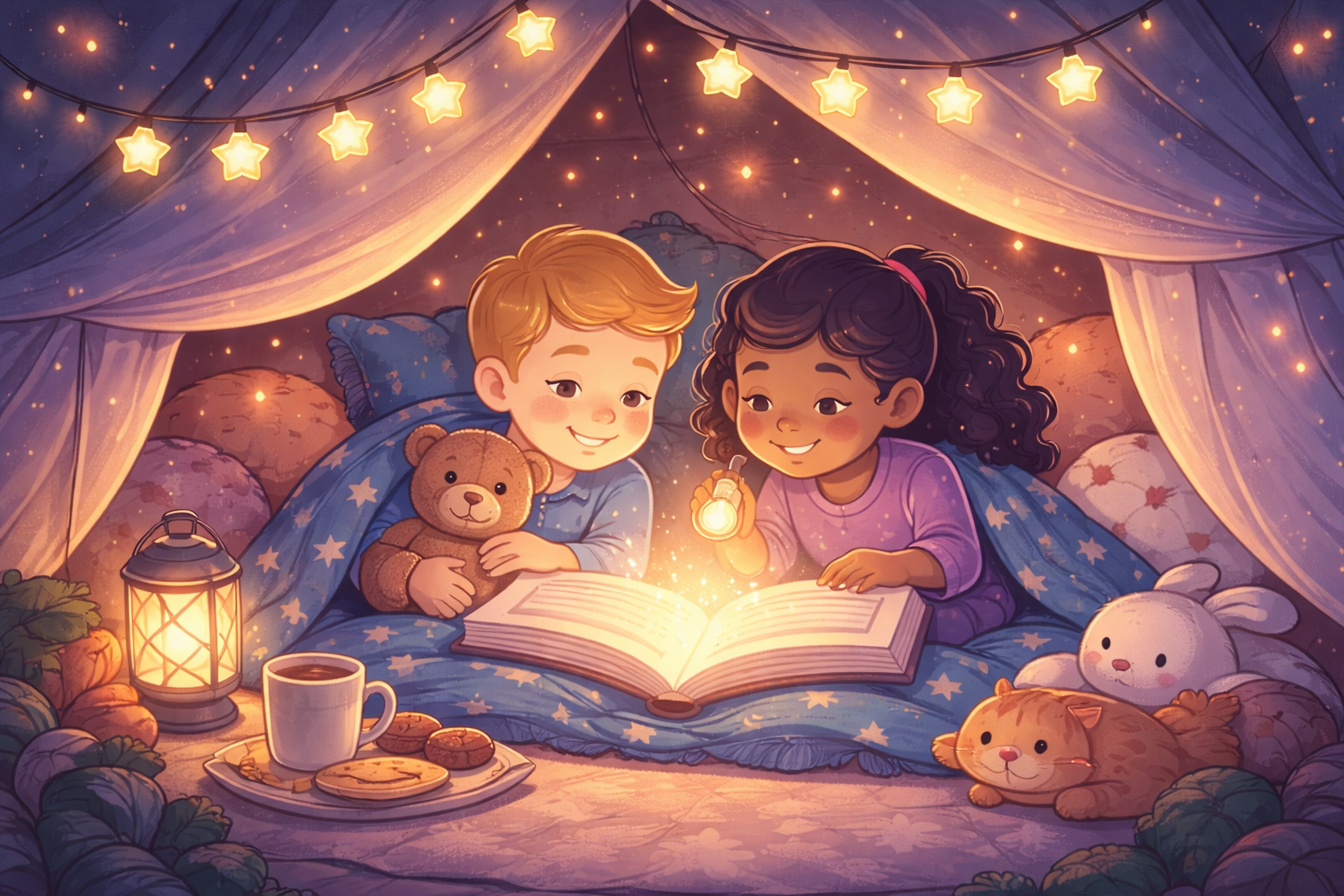 Deux enfants découvrant une histoire magique